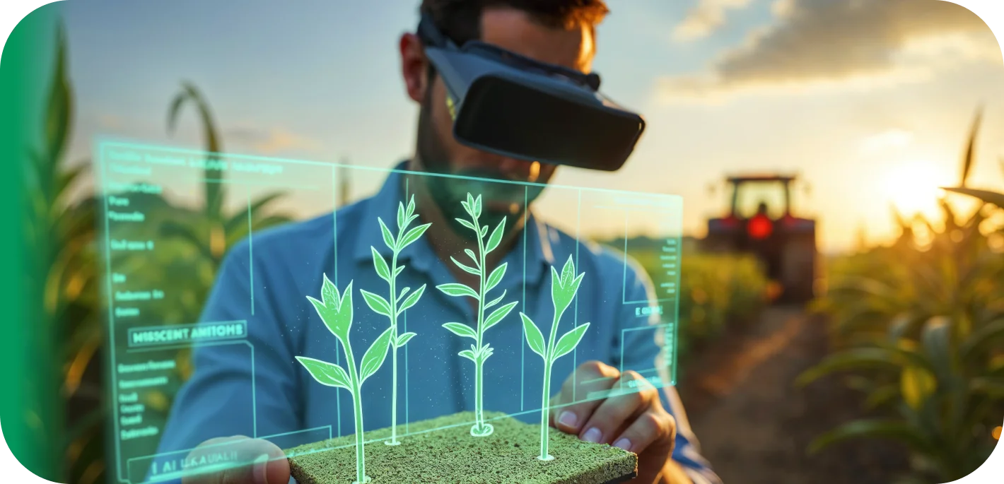 A man in a field wearing a VR headset while interacting with a holographic display of plant growth and data.