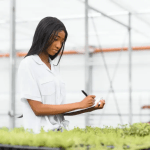 A young woman in a white shirt stands in a bright, modern greenhouse, documenting plant data on a clipboard while inspecting rows of vibrant green seedlings.