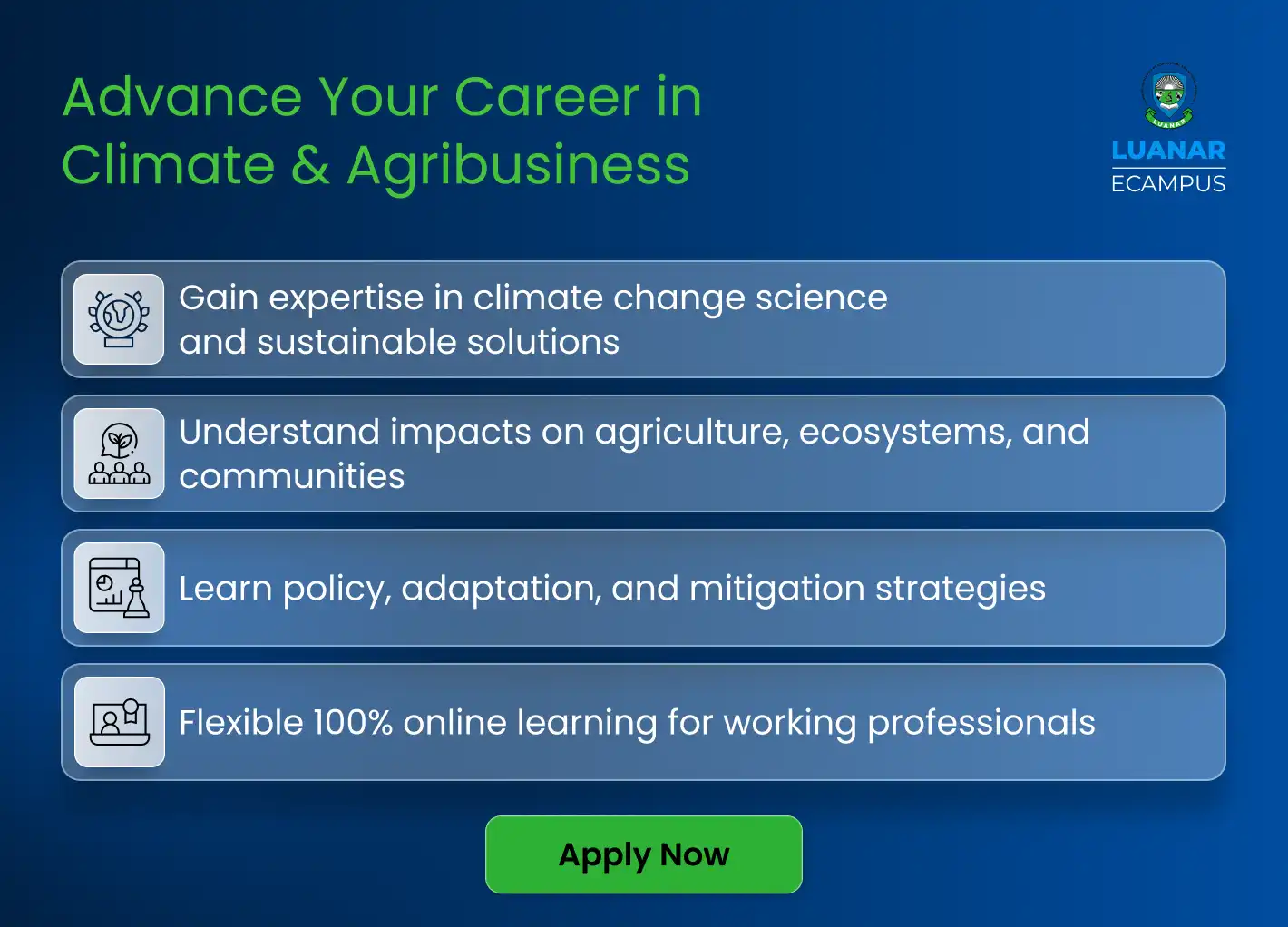 a Blue Promotional Graphic for Luanar Ecampus Titled "advance Your Career in Climate & Agribusiness." It Lists Four Key Benefits: Expertise in Climate Science, Understanding Impacts on Agriculture/ecosystems, Learning Policy/mitigation, and Flexible 100% Online Learning.