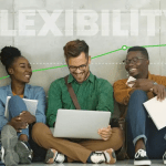 A diverse group of five smiling students sitting on the floor with a laptop, featuring a "FLEXIBILITY" text overlay and a green growth chart reaching 94% for LUANAR Ecampus.