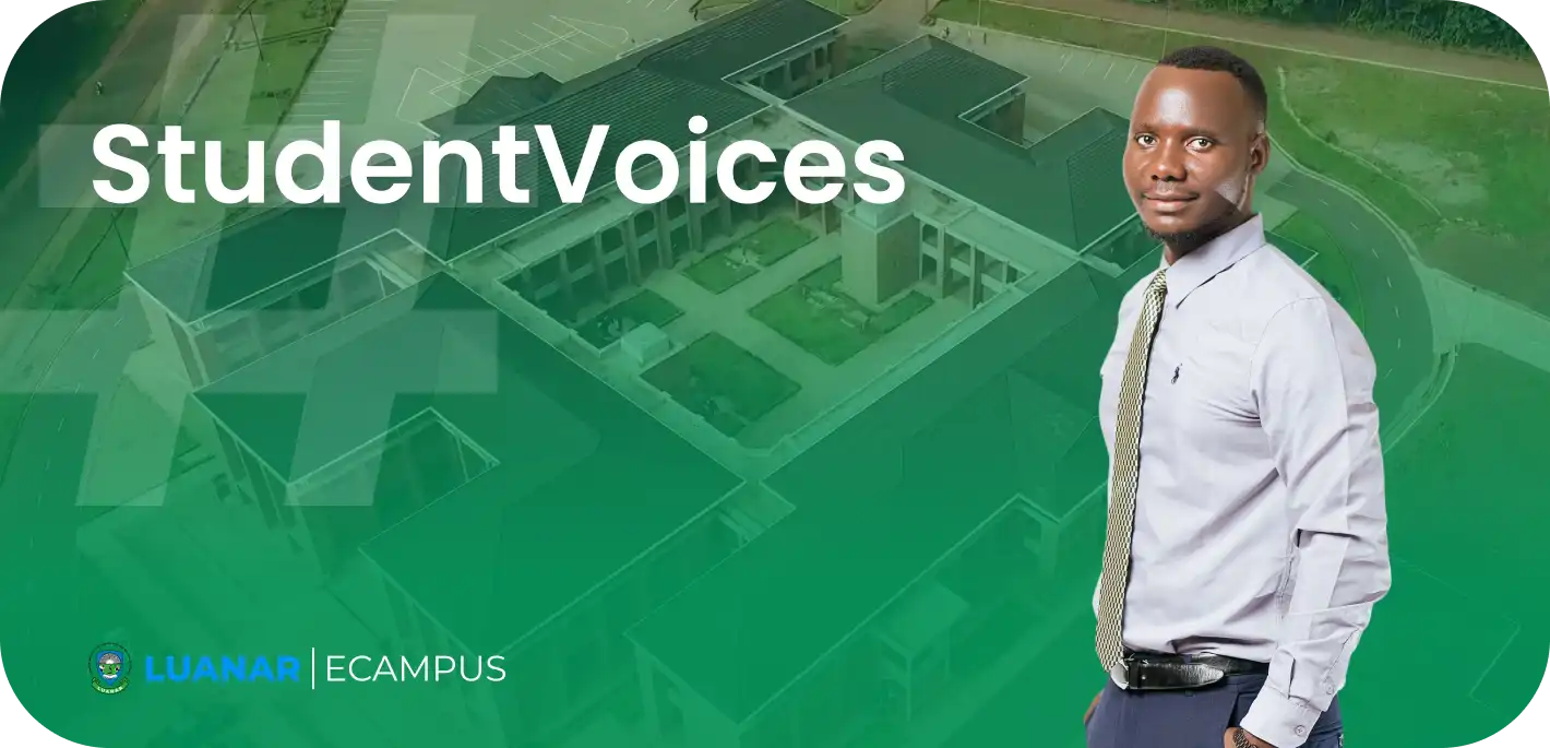 LUANAR eCampus cover banner featuring a professional student in the foreground and an aerial view of the campus buildings overlaid with a green tint and the text "#StudentVoices".