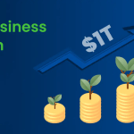 Infographic showing growing stacks of gold coins with green sprouts and a rising blue arrow labeled $1T, representing the growth of Africa's agribusiness sector to 1 trillion dollars.